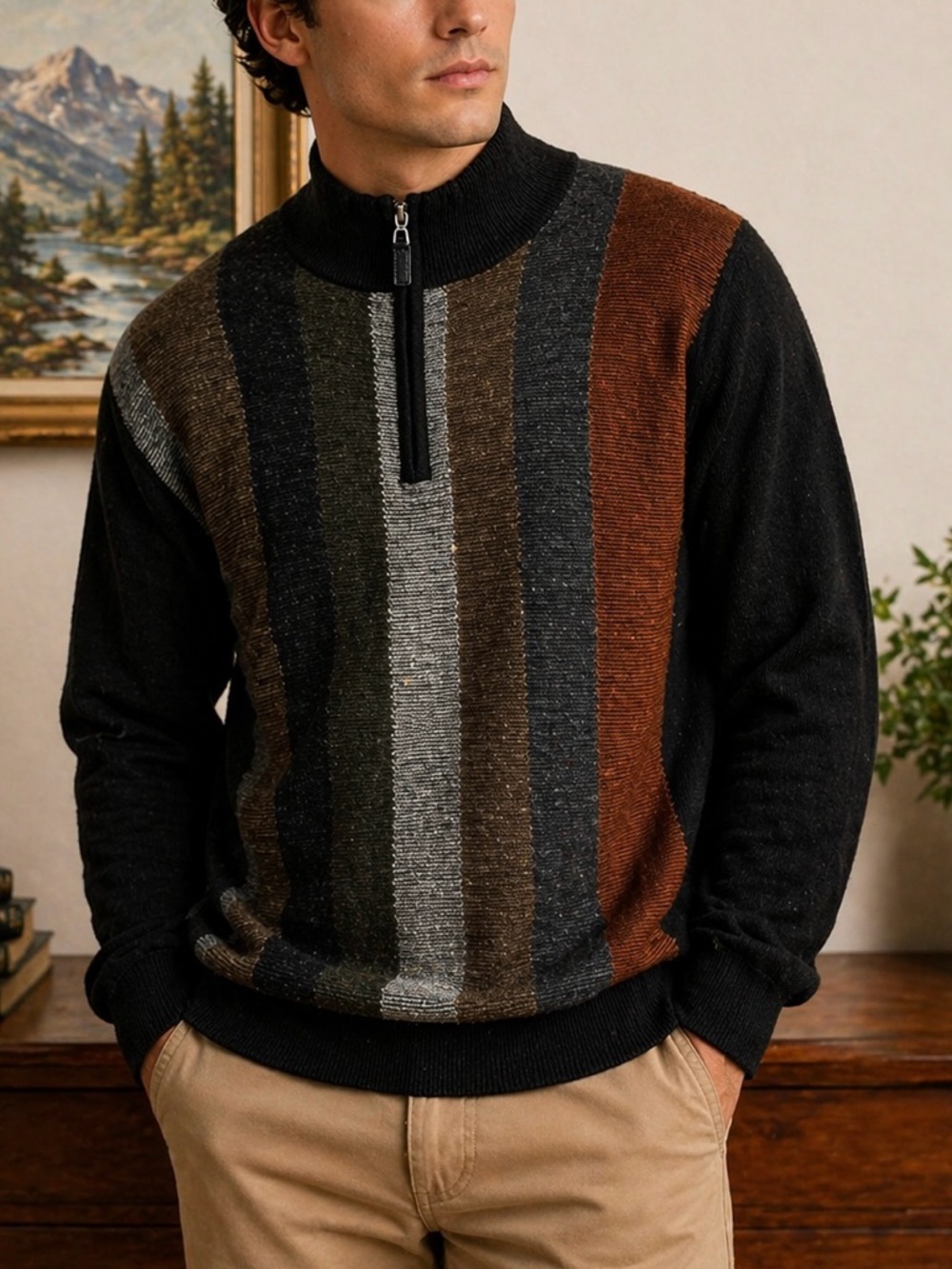 Tagio Men’s Quarter Zip Sweater Wool Blend Striped Black Gray Brown Pullover XL